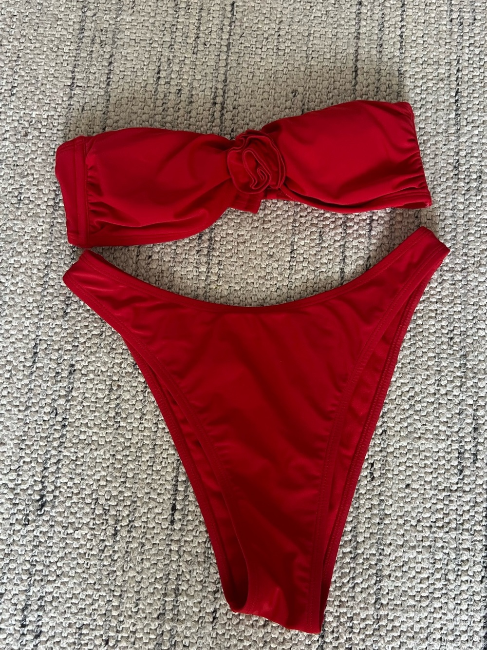 Red rose bandeau strapless bikini and high waisted bikini bottoms